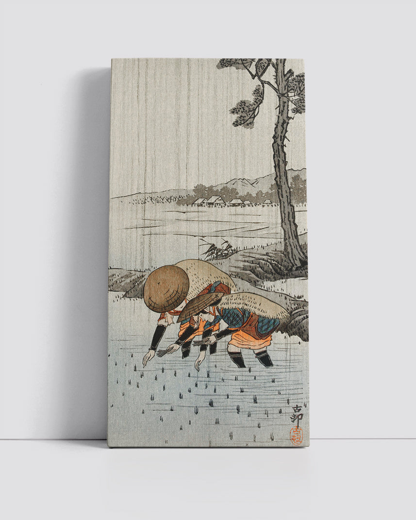 Rice planters in the rain by Ohara Koson