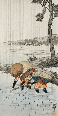 Rice planters in the rain by Ohara Koson