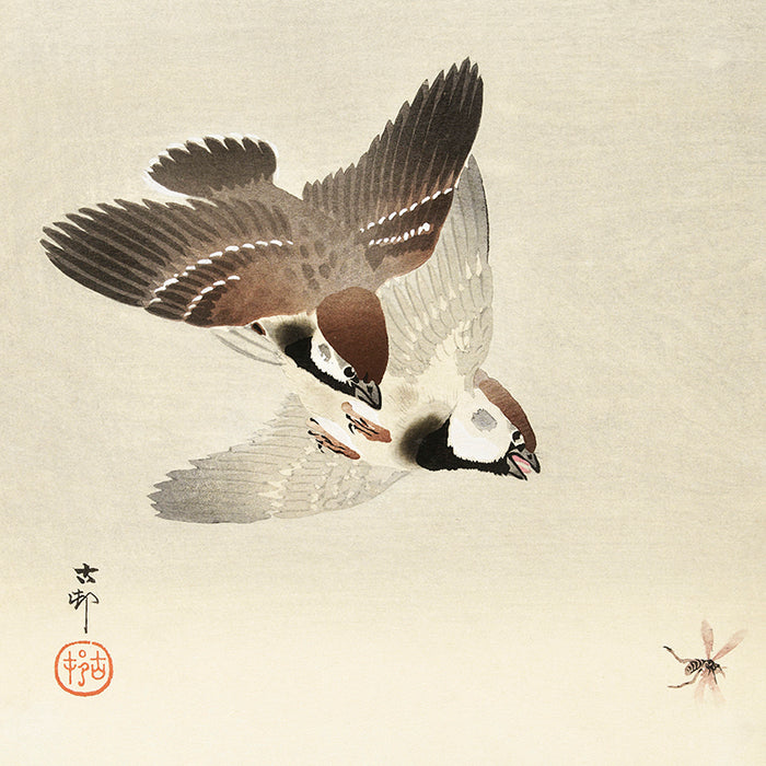 Ring sparrows and insect by Ohara Koson