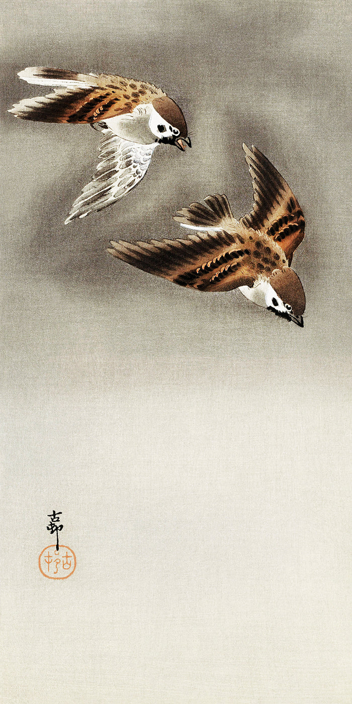 Ring sparrows in snow by Ohara Koson