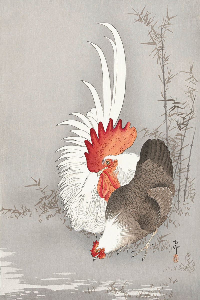 Rooster and chicken by Ohara Koson