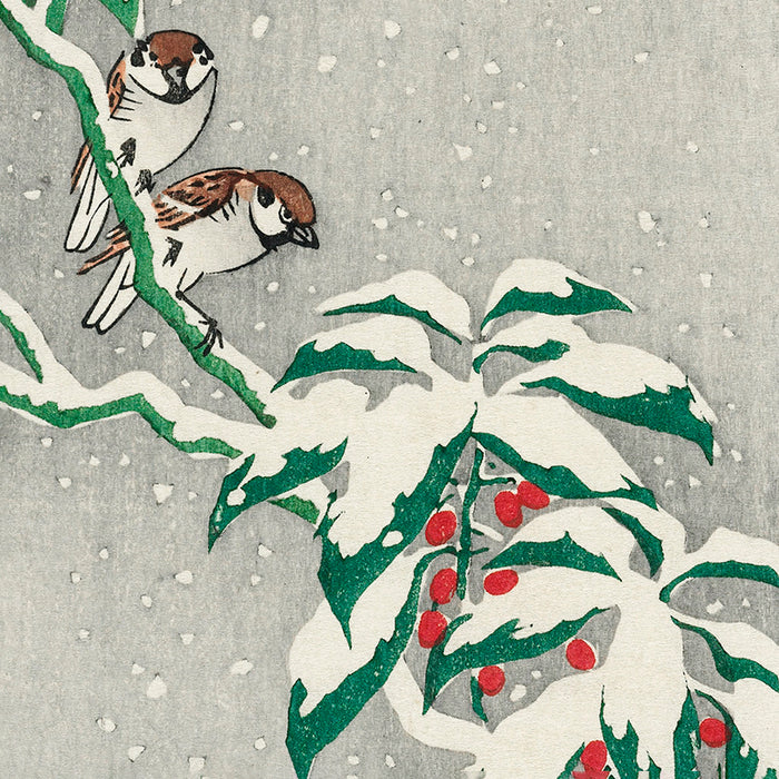 Sparrows on snowy berry bush  by Ohara Koson