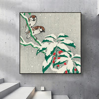 Sparrows on snowy berry bush  by Ohara Koson