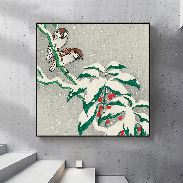 Sparrows on snowy berry bush  by Ohara Koson