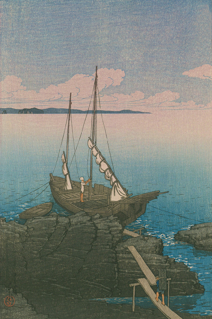 Tabi_miyage_dai_isshū,_Ishi_tsumu_fune_(Bōshū) by Kawase Hasui