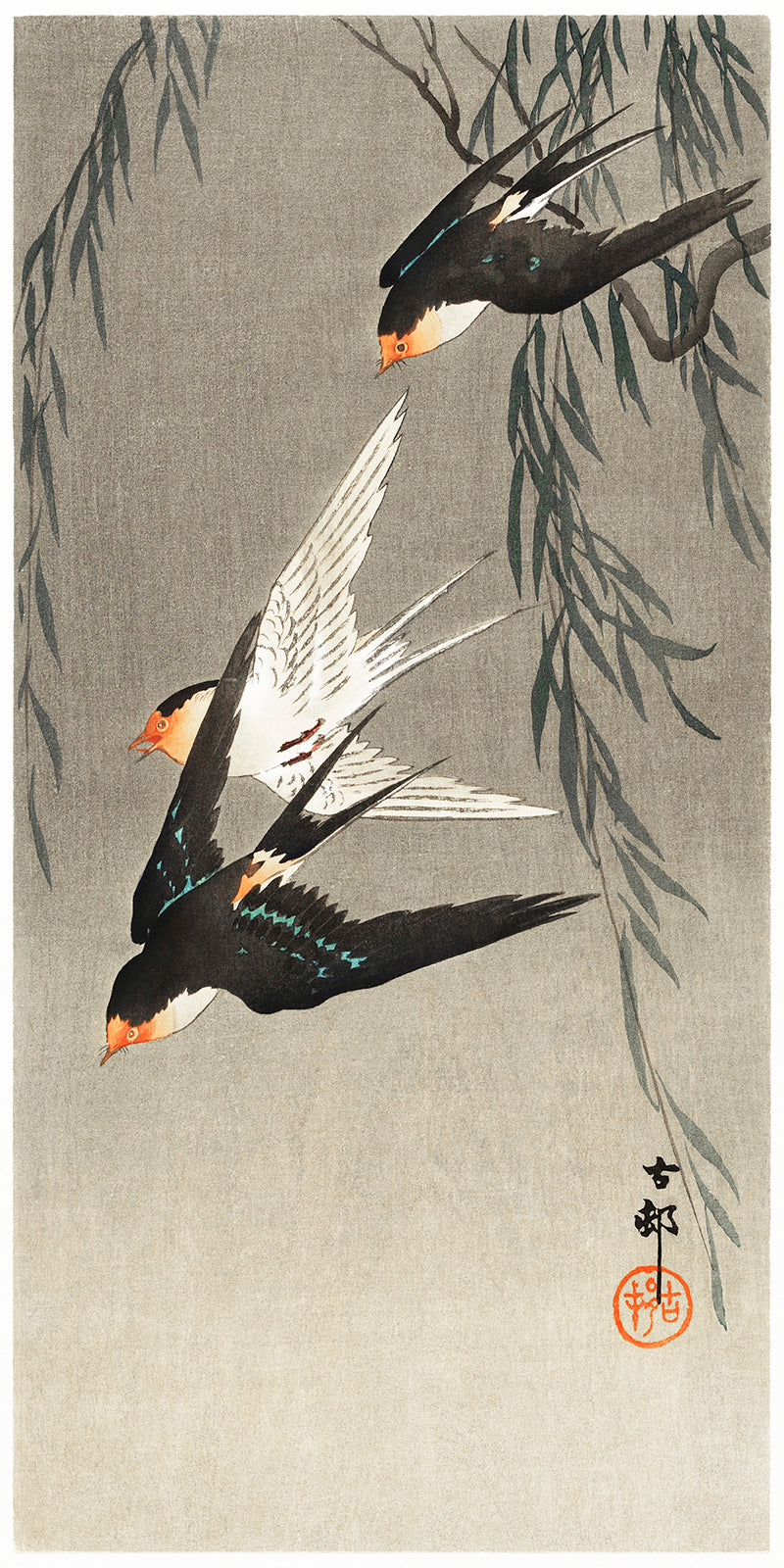 Three red-tailed swallows in dive by Ohara Koson