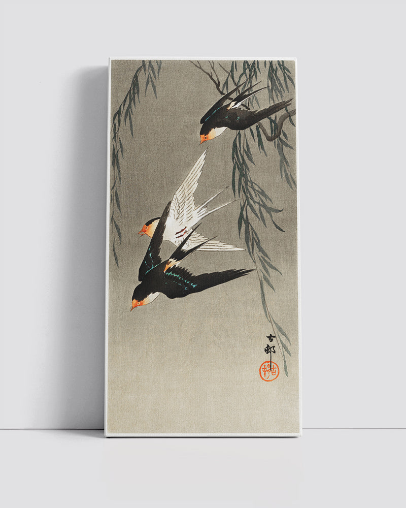 Three red-tailed swallows in dive by Ohara Koson