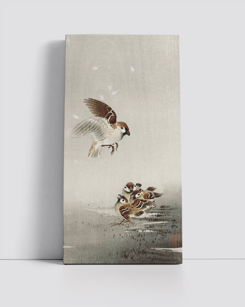 Tree sparrow with boy by Ohara Koson