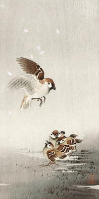 Tree sparrow with boy by Ohara Koson