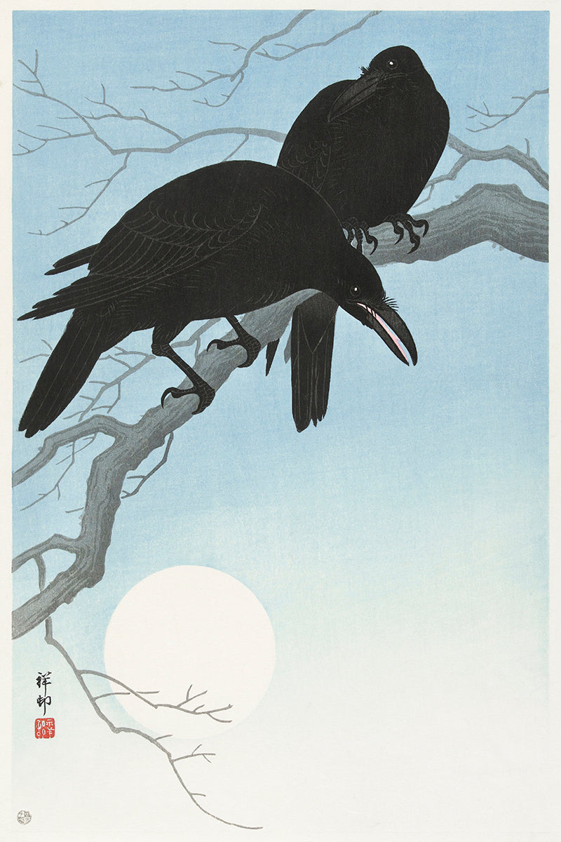 Two crows on a branch by Ohara Koson