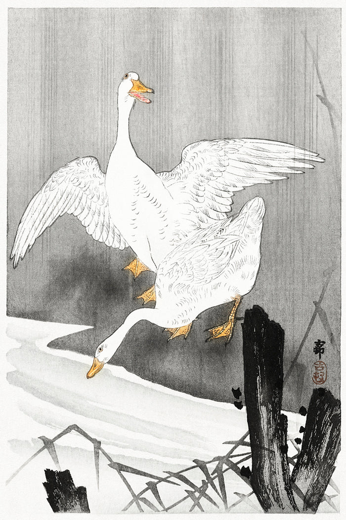 Two geese on a river by Ohara Koson