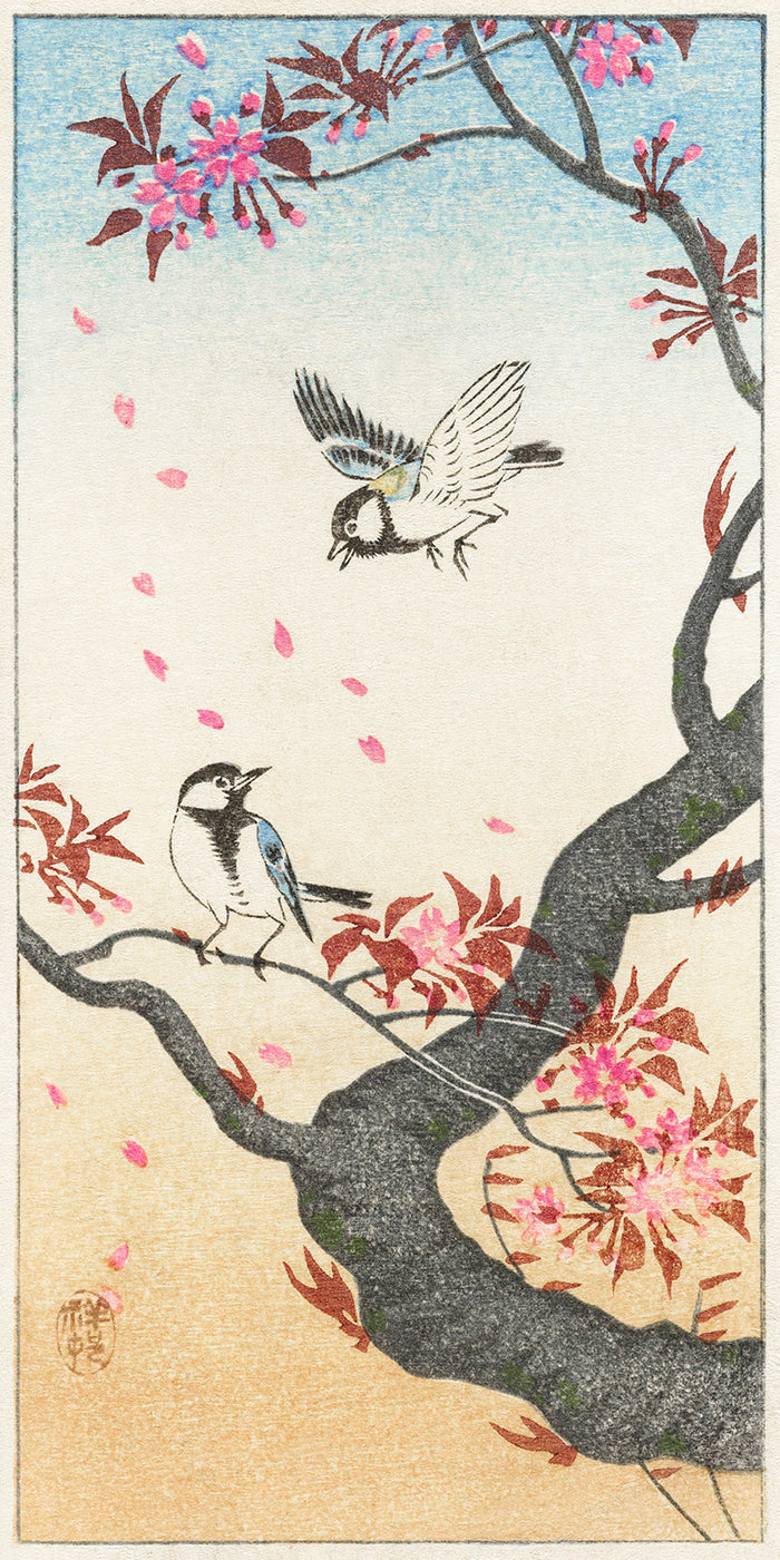 Two great tits at blossoming tree by Ohara Koson