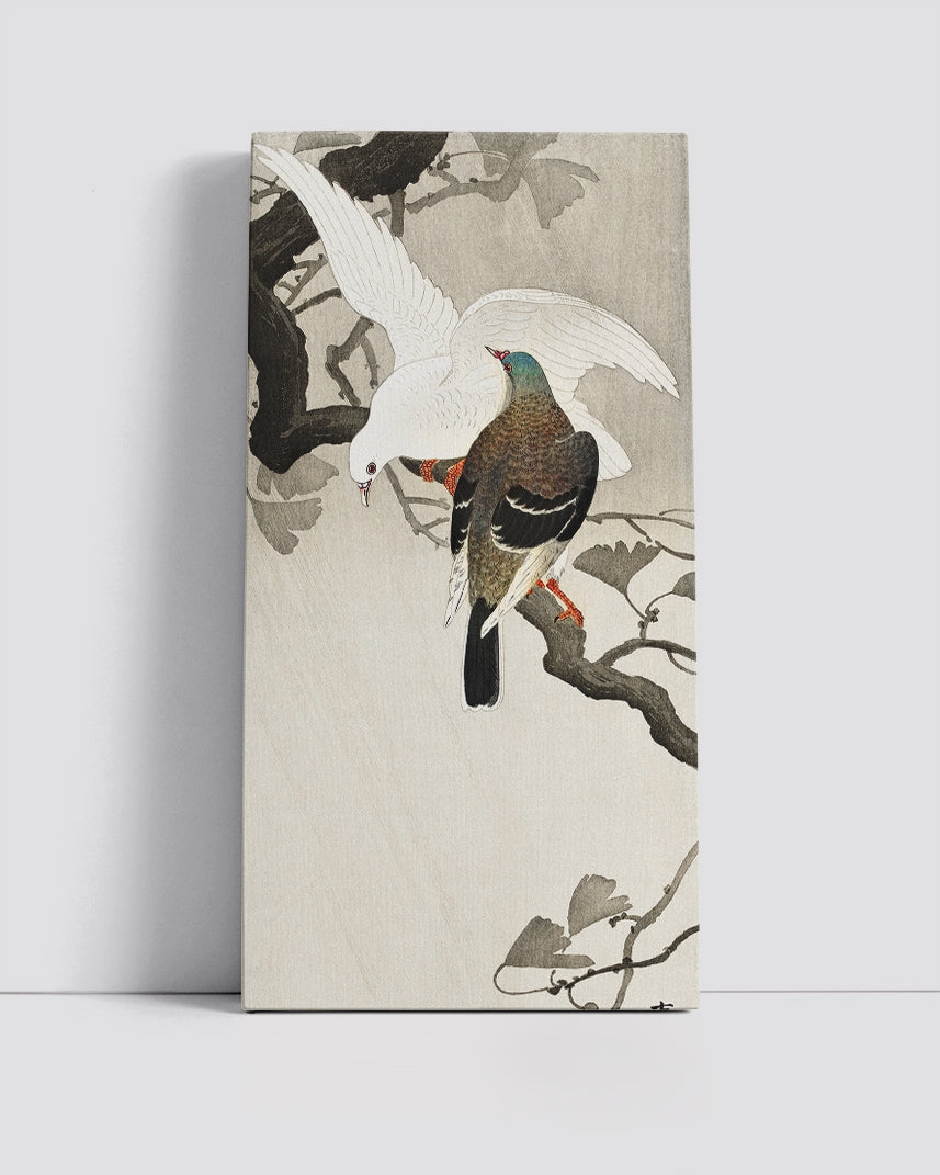 Two pigeons on a branch by Ohara Koson