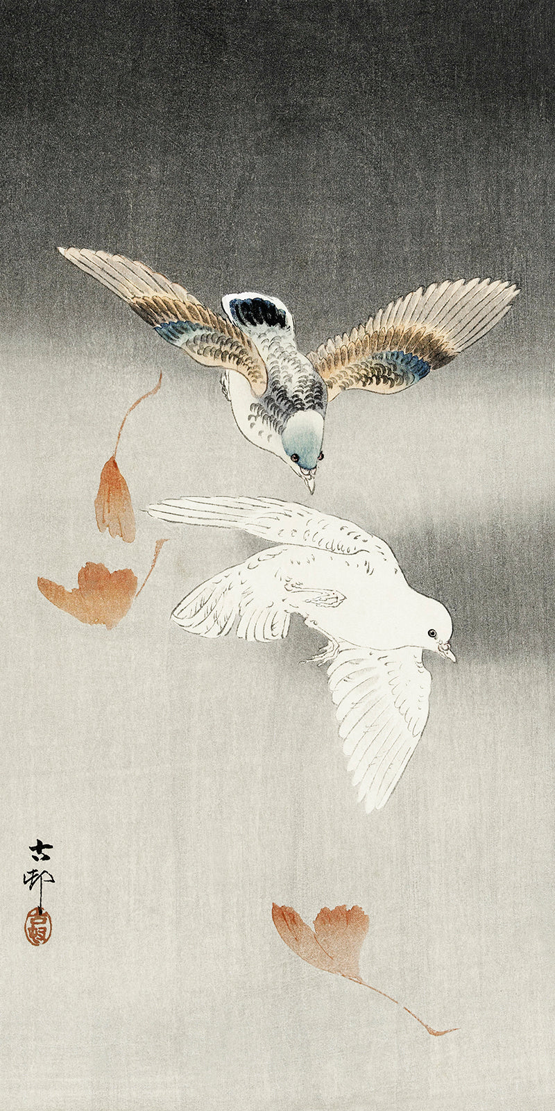 Two pigeons with falling ginkgo leaves by Ohara Koson