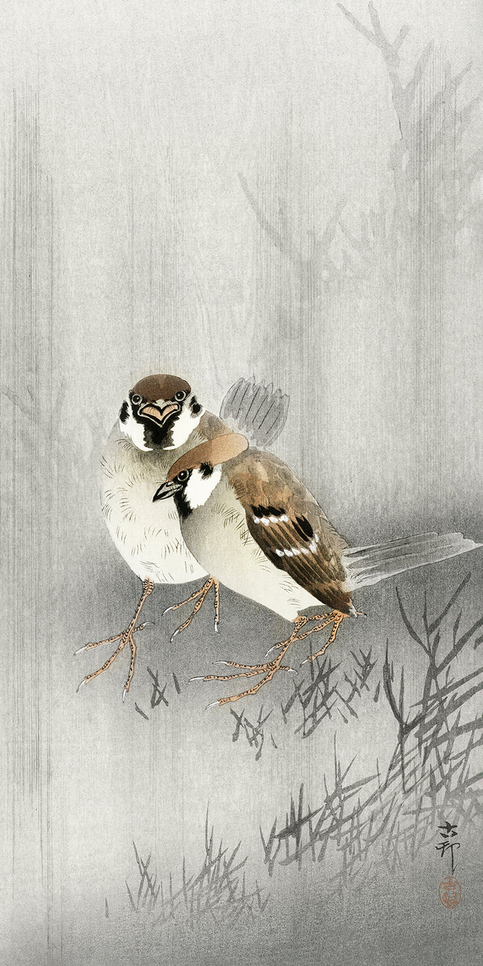 Two ring sparrows in the rain by Ohara Koson