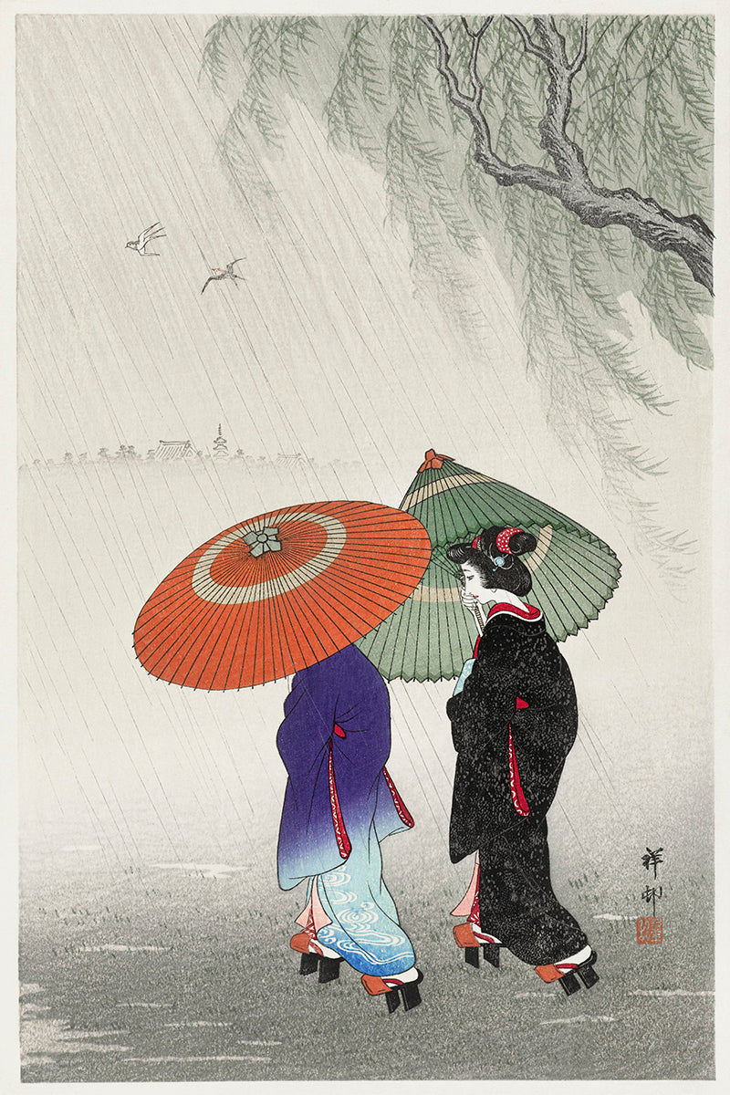 Two women in the rain by Ohara Koson