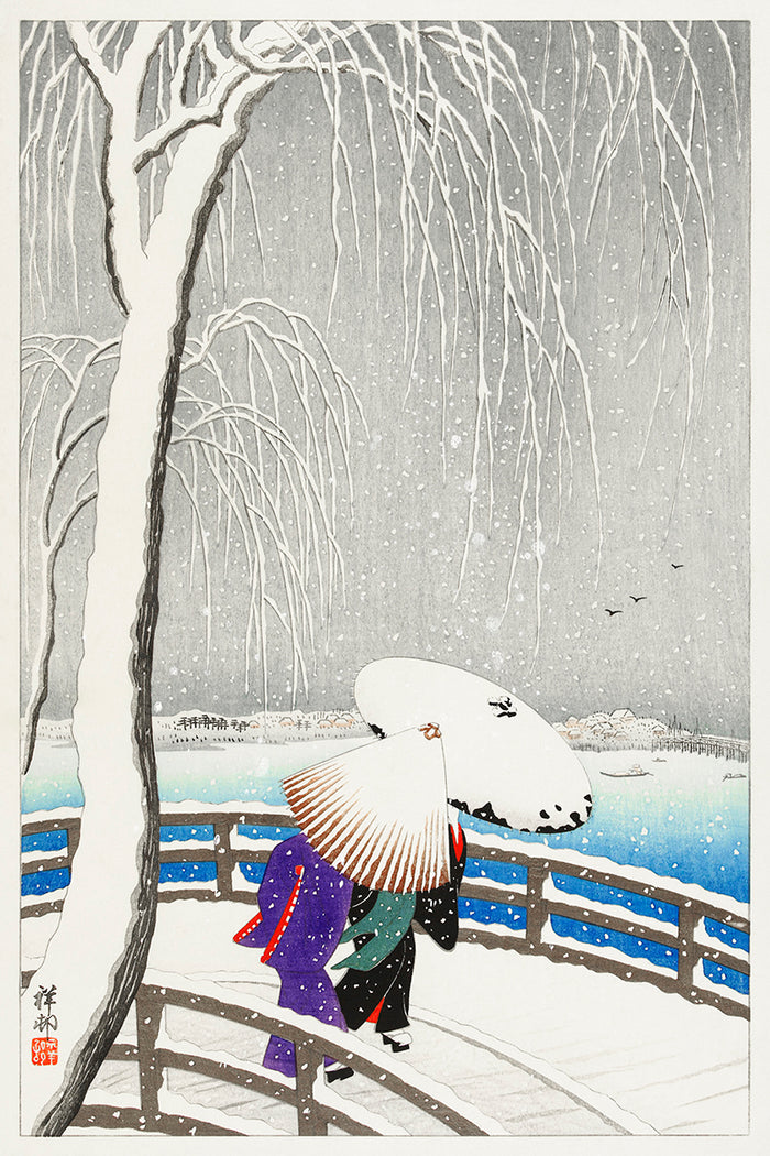 Two women in the snow on Yanagi Bridge by Ohara Koson