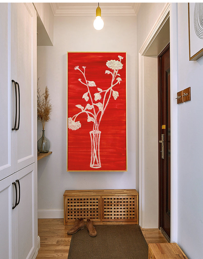 Vase of Chrysanthemums with Red Ground by San Yu