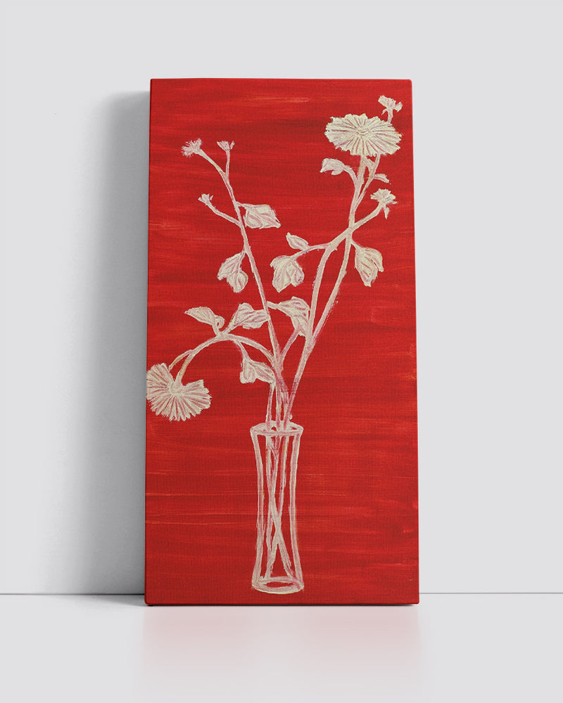 Vase of Chrysanthemums with Red Ground by San Yu