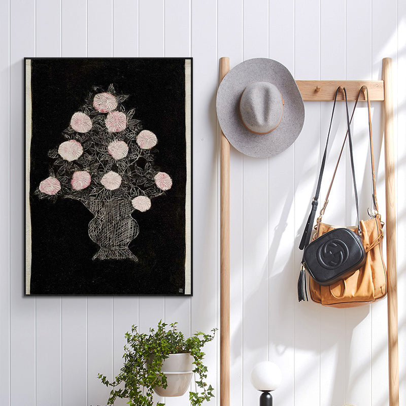 White and Pink Chrysanthemums in a Navy Black Background by San Yu