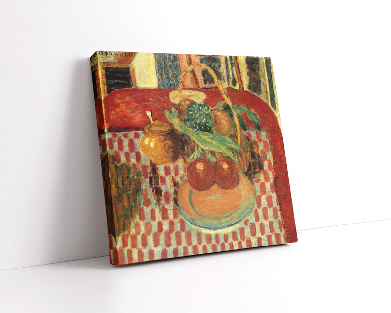 basket-and-plate-of-fruit-on-a-red-checkered-tablecloth by Pierre Bonnard