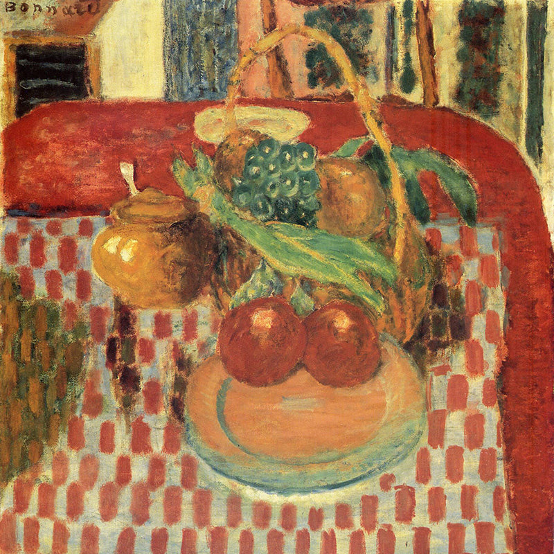 basket-and-plate-of-fruit-on-a-red-checkered-tablecloth by Pierre Bonnard