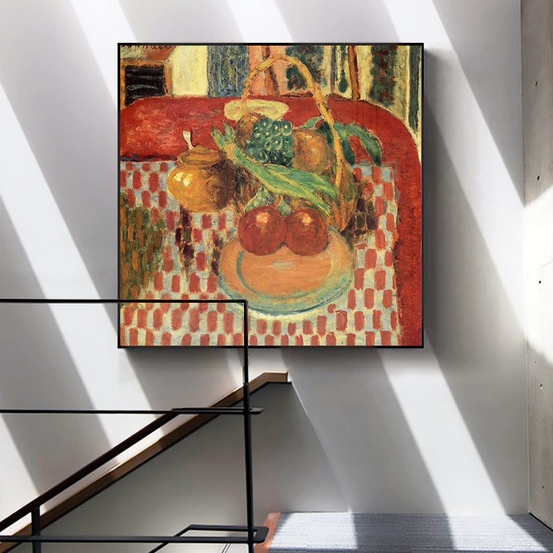 basket-and-plate-of-fruit-on-a-red-checkered-tablecloth by Pierre Bonnard