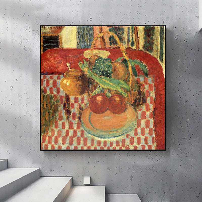 basket-and-plate-of-fruit-on-a-red-checkered-tablecloth by Pierre Bonnard