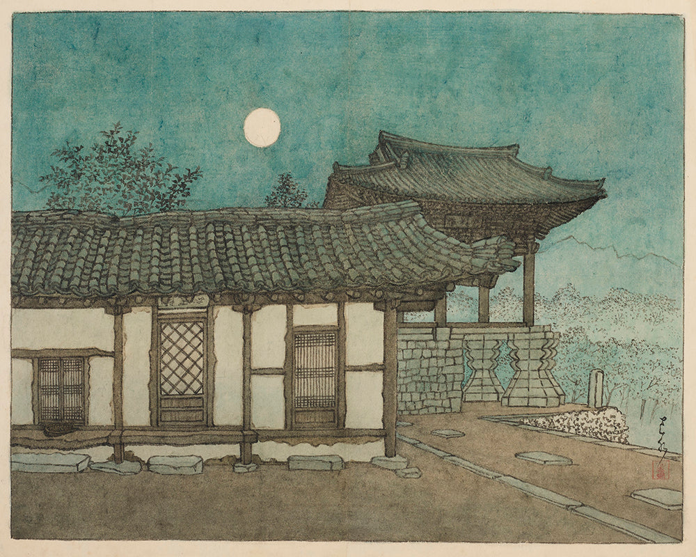 evening_moon_over_temple by Kawase Hasui