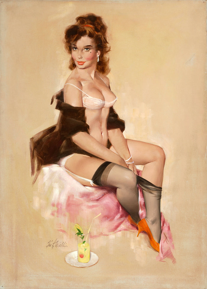 Seated Pin-Up with Drink by Gil Elvgren