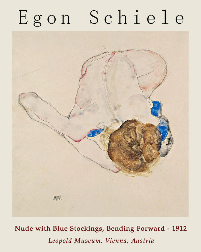Egon Schiele Poster - Nude with Blue Stockings, Bending Forward
