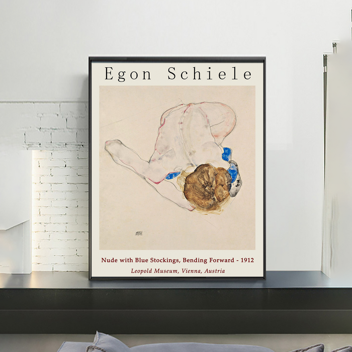 Egon Schiele Poster - Nude with Blue Stockings, Bending Forward