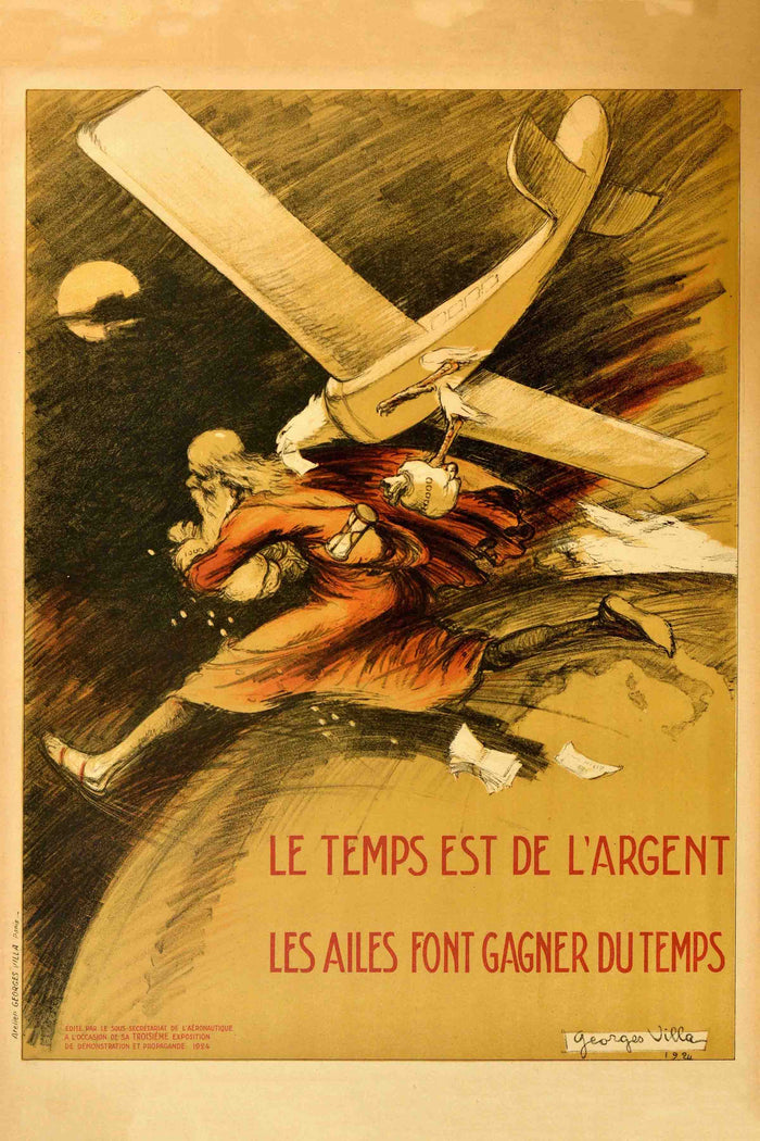 Georges Villa,Original Vintage Poster Le Temps Est De l'Argent Time Is Money Plane Travel Art