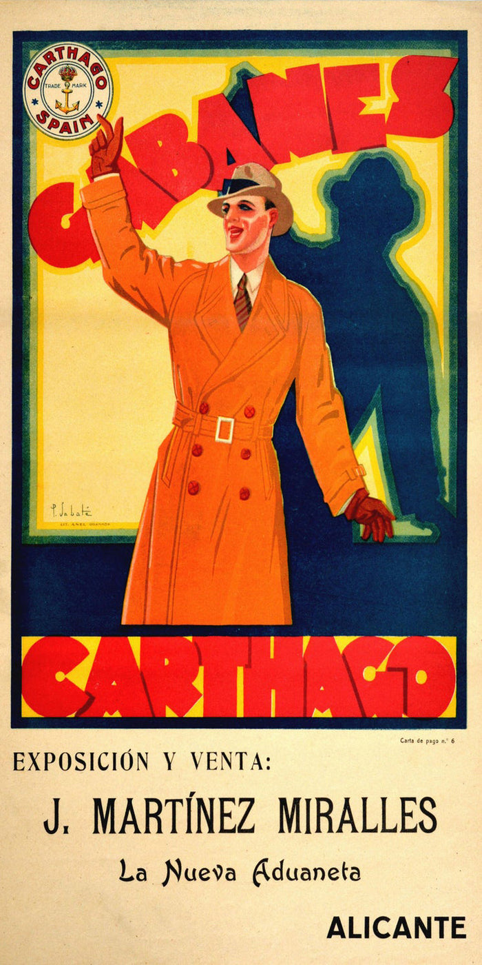 P. Sabate, Original Vintage Poster Cabanes Carthago Hats Men's Fashion Exhibition And Sale,1920s